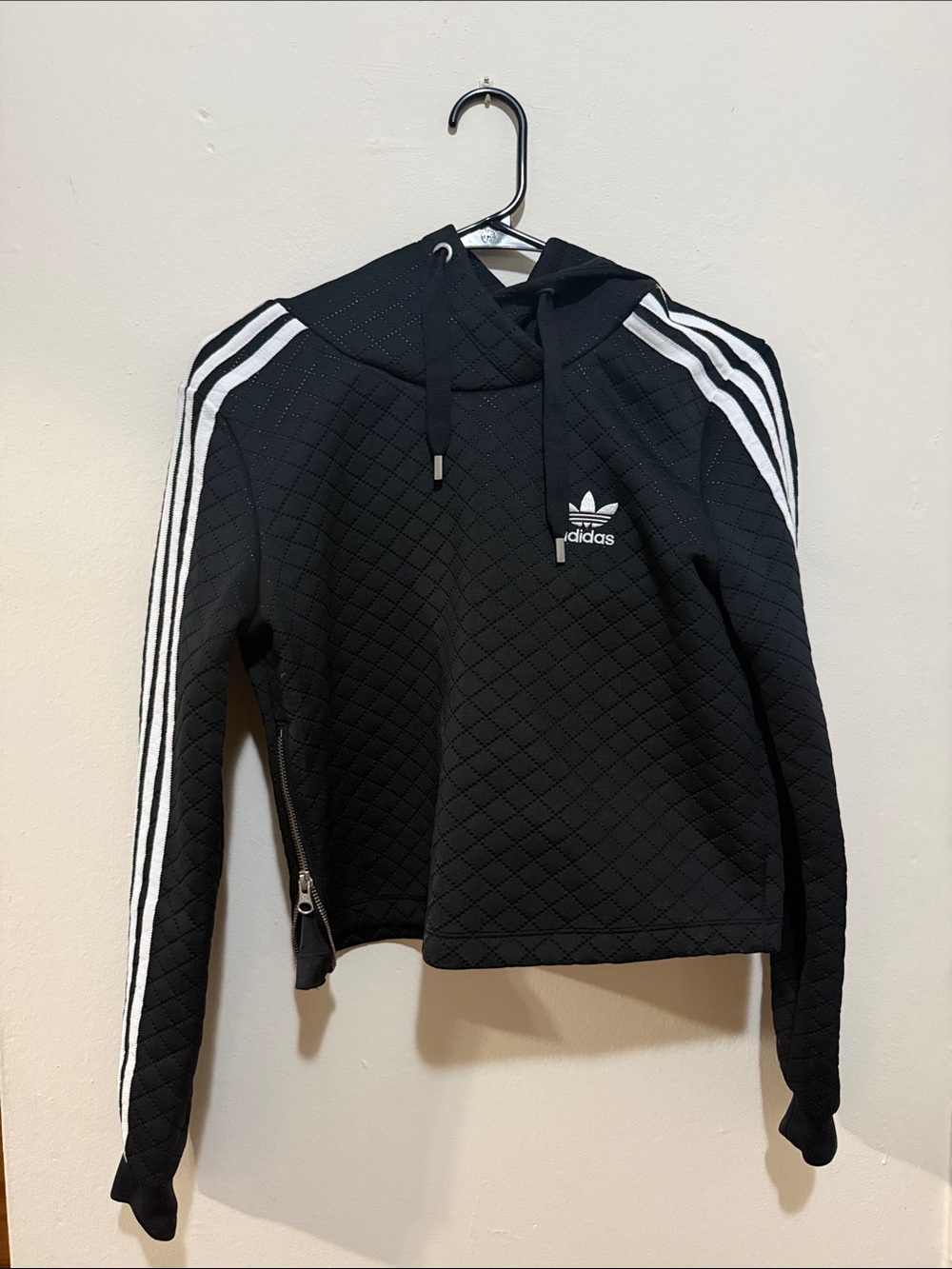 ADIDAS SET // Black Quilted Hoodie Bomber Jacket with White Stripes and pant